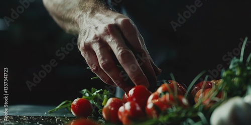 A guy chef wearing a uniform cooks vegetarians and veggie meals in a restaurant kitchen with a dark backing and ad space, Generative AI.
