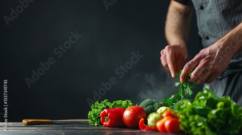 A guy chef wearing a uniform cooks vegetarians and veggie meals in a restaurant kitchen with a dark backing and ad space, Generative AI.
