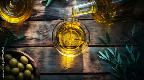 Rustic Italian Olive Harvest – Extra Virgin Olive Oil Poured into a Glass Bottle Amidst Fresh Olives and Traditional Production Tools