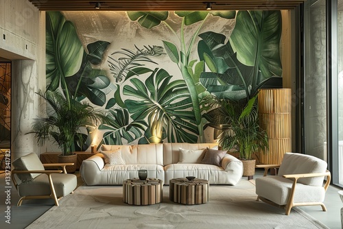 Luxurious residences with comfy sofa and robust monstera plants for a tropical and refreshing environment, Generative AI.