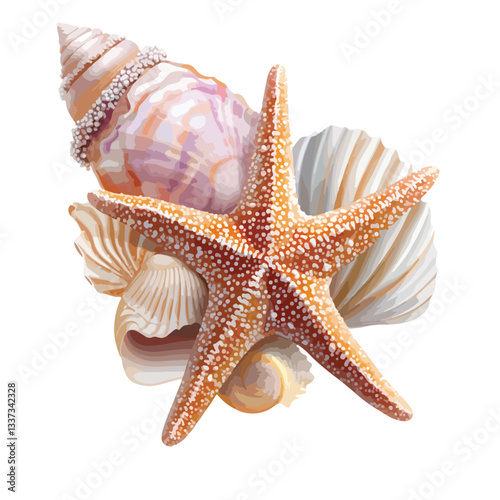 Vibrant 3D Render of Starfish, Conch Shell, and Seashell