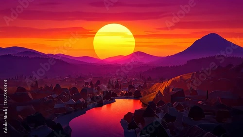 Vibrant Sunset Silhouette Serene Village by River with Colorful Sky Reflection and Distant Mountain Hills