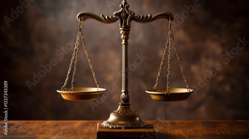 A classic scale of justice with golden pans, balanced on a wooden base, set against a dark background. Perfect for legal, law firm, or justice-themed projects.