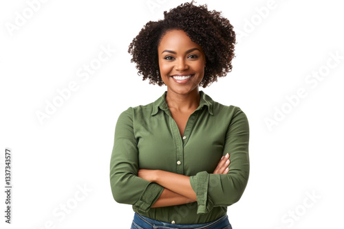 Happy black woman smiling confidently, arms crossed Isolated on white background 
 photo