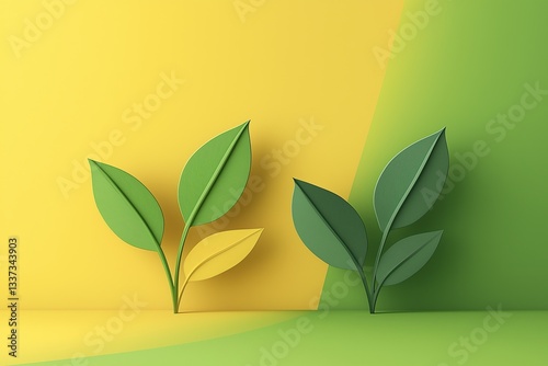 Handmade branches with leaves from green and yellow paper