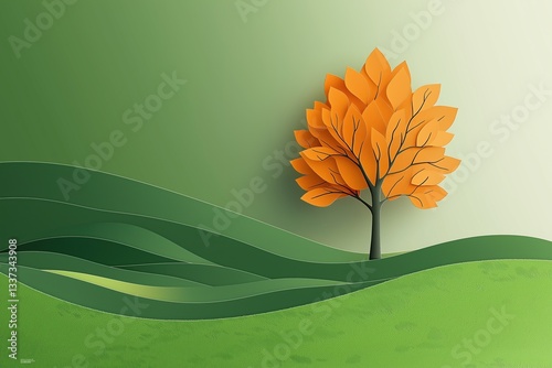 Paper craft tree with orange leaves on a green background on the theme of nature
