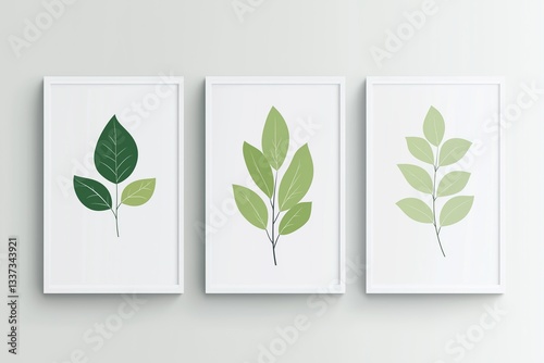 Drawn green leaves on three white sheets of paper