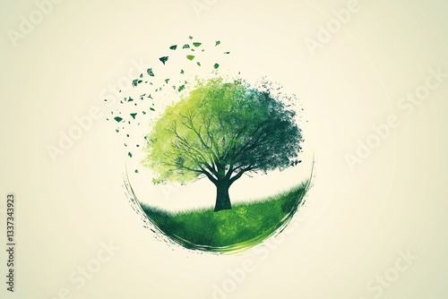 Drawing of a beautiful green tree surrounded by a circle of leaves
