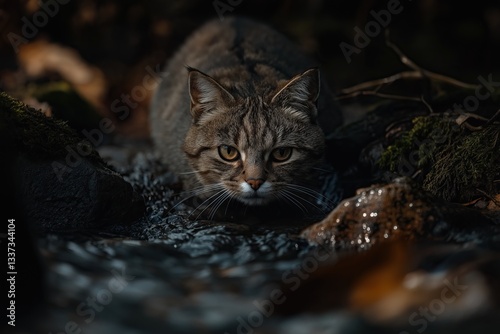 Wise gray cat observing a stream of water..
