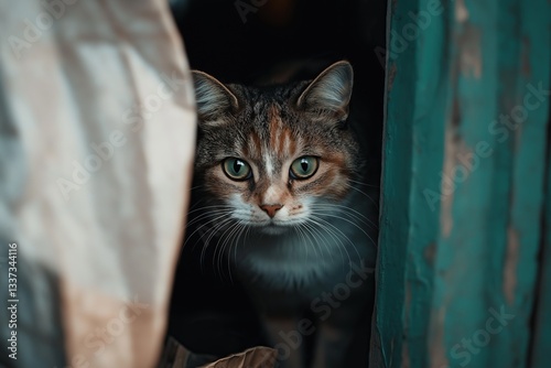 Cat with green eyes standing in the darkness looking forward