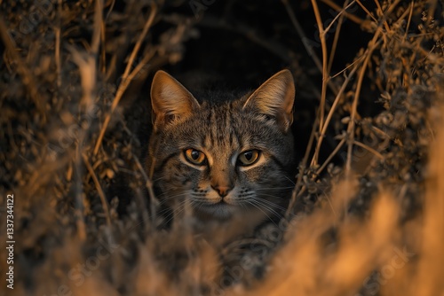 Cat with orange eyes sitting in dry grass against a black background