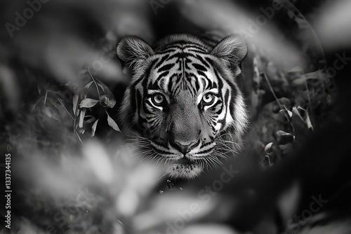 Tiger's face peeking from thickets, black and white photo