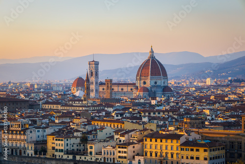 Florence Duomo (Santa Maria del Fiore Cathedral), Italy. View from Michelangelo square at sunset.