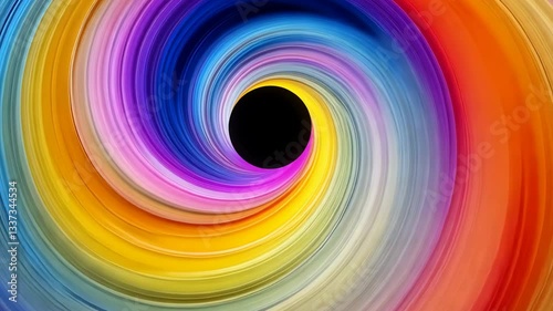 Vibrant Swirl of Rainbow Colors Creates Mesmerizing Vortex with Black Center, Dynamic Movement and Striking Contrast Evoke Energy and Creativity Dynamic Vortex Pattern of Blue, Pink, Yellow