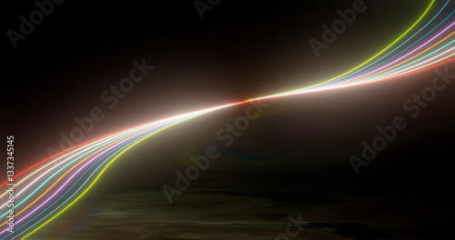 3D rendering, abstract panoramic background with neon light. Laser show, pulses, equalizer, spectrum and energy pulsating lines.