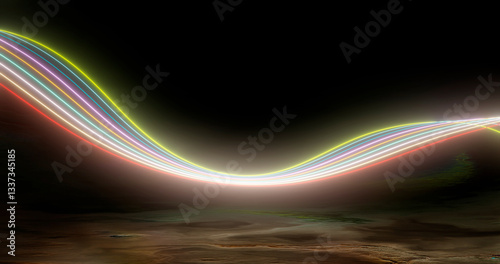 3D rendering, abstract panoramic background with neon light. Laser show, pulses, equalizer, spectrum and energy pulsating lines.