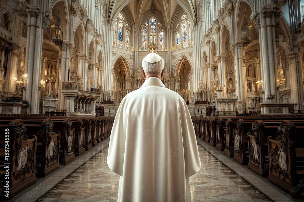 A Catholic priest in a white cassock stands inside a beautiful cathedral, shot from behind.