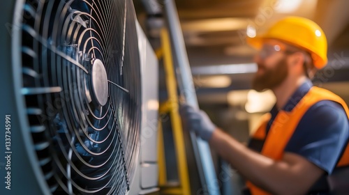 Close-up view of HVAC technician performing maintenance on air conditioning system in commercial building environment photo