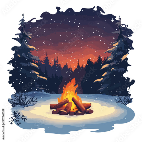 Mystical Bonfire Illuminating Snowy Forest Night Winter Scene