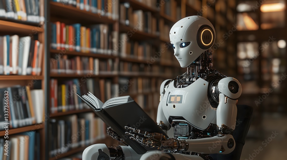 Fototapeta premium Robot with AI reading a book in a library filled with shelves of various colored books during daytime