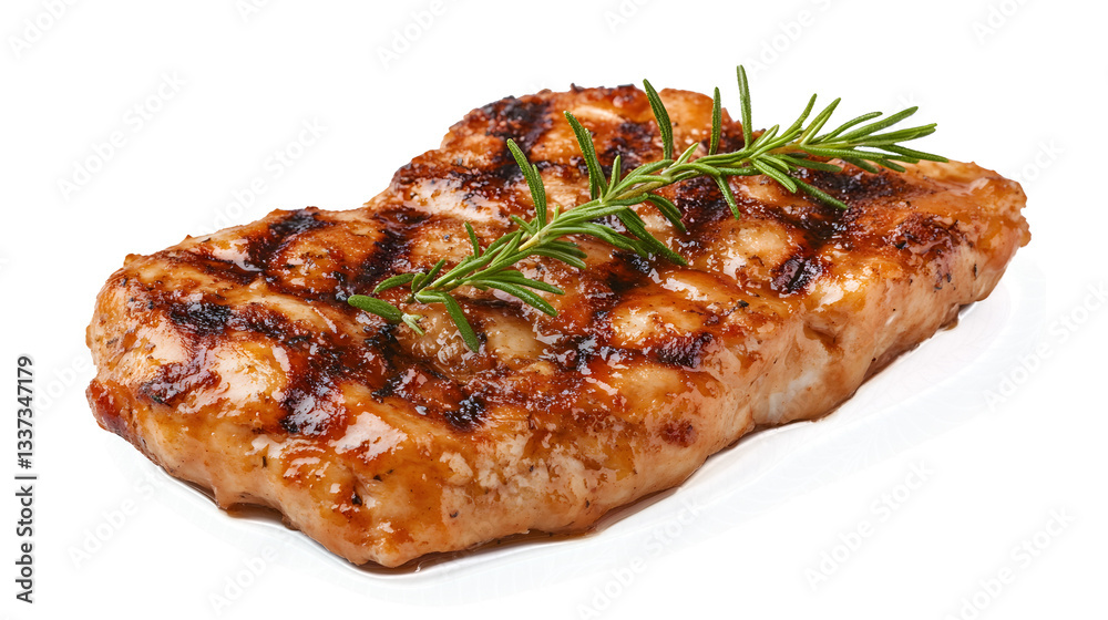 A piece of meat with a grill and some herbs on top. The meat is brown and looks delicious A piece of meat with a grill and some herbs on top. The meat is brown and looks delicious