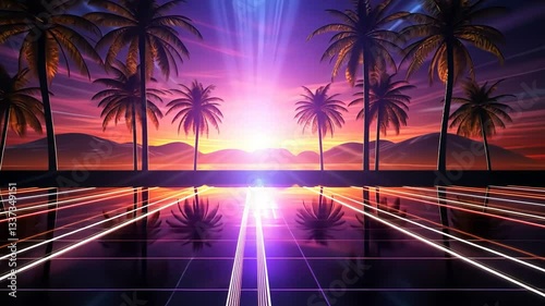 Sunset over a futuristic palm tree lined highway