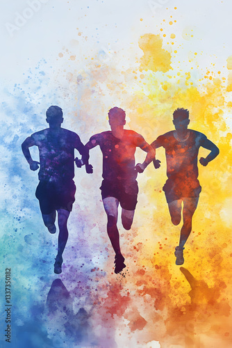 Sportsmen are running on colourful background. Watercolour illustration. Selective focus. Copy space. Sport activity concept