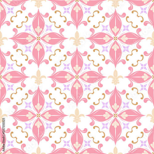 Meadow Luxury Flowers Tiles Scroll Ornate Design. The Elegance Florals Petals Lily Fleur de lis Combine Seamless Pattern Vector. Detailed Opulence Royal Silk Weaves Embroidery Pink Garden on White BG