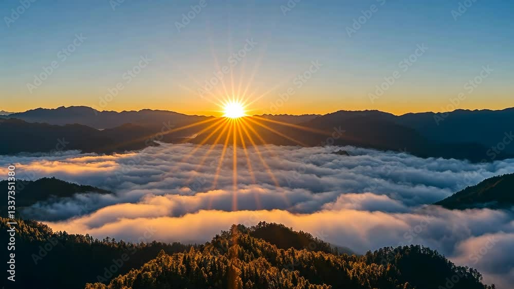 Stunning sunrise illuminates mountain peaks above a sea of clouds at dawn in a remote location