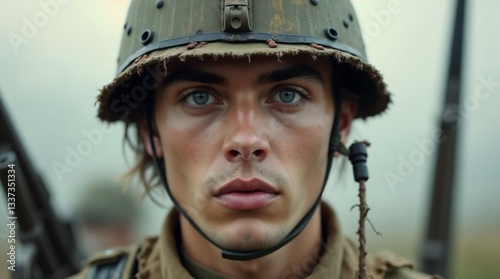 Close-up of a young soldier's face in a helmet, reflecting determination and courage. Concept: Portrait of resilience and willpower amid military service.