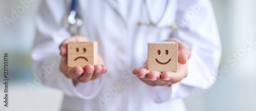Doctor show Happy smile face block, Mental health Assessment, Psychology, Health Wellness, Positive Feedback, Customer Review, Good Experience, Satisfaction Survey, World Mental Health day concept 