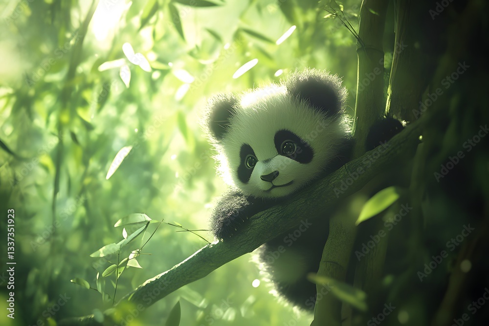Obraz premium Young panda plays joyfully amidst lush green bamboo forest during a serene morning, basking in soft sunlight with a curious expression Generative AI