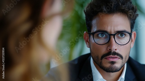 Young businessman engaged in conversation, stylish glasses, smart attire, professional setting, focus on dialogue and connection.