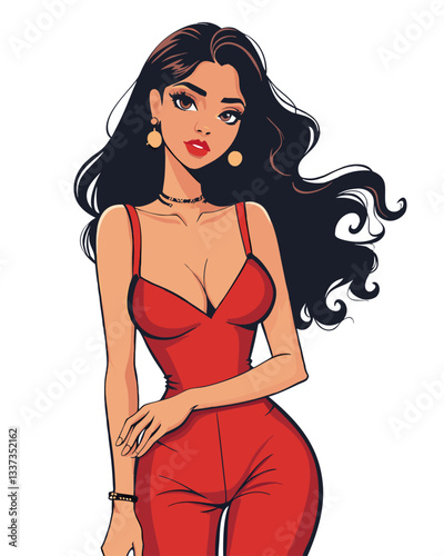 Stylized illustration of a glamorous woman in a red jumpsuit with flowing black hair.