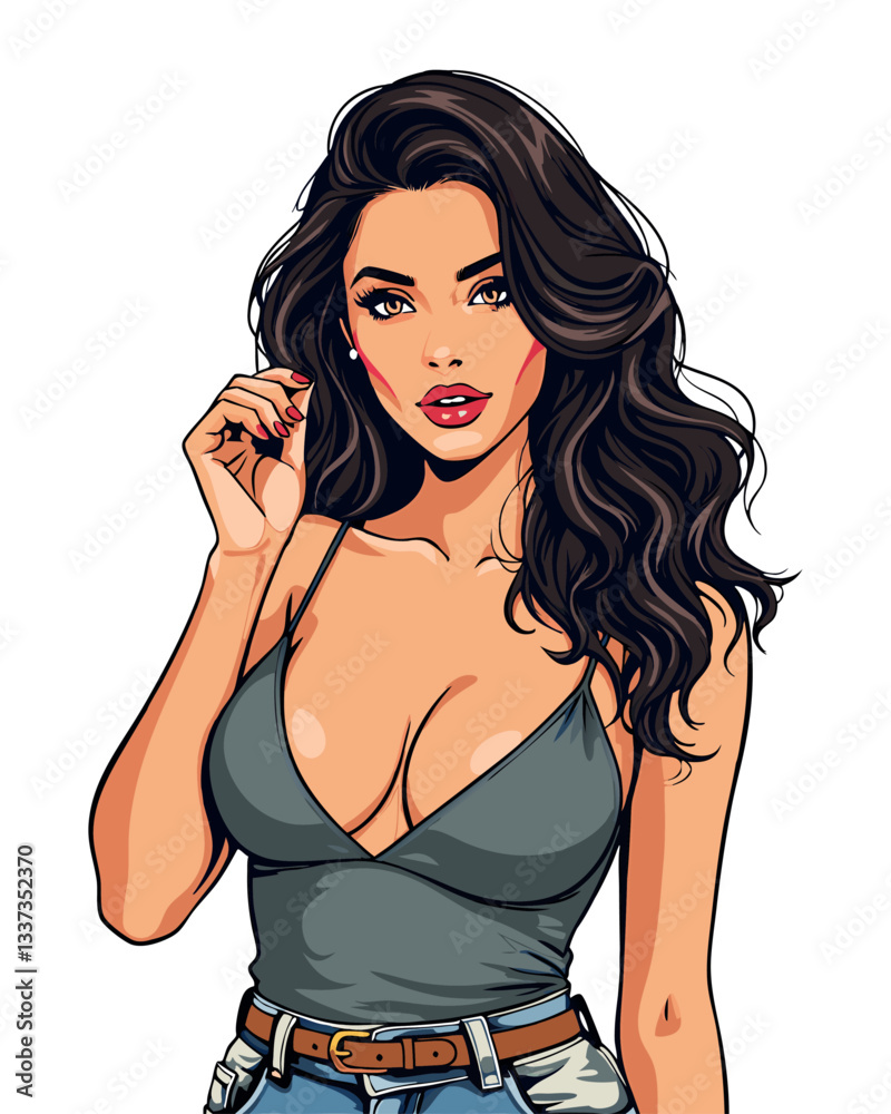 A glamorous brunette woman with long hair, wearing a crop top.