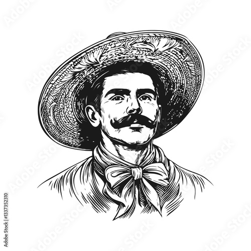 Vintage Engraving of a Mustachioed Man with a Wide-Brimmed Hat
