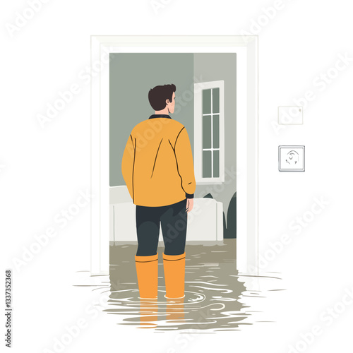 Man in Rubber Boots Standing in Flooded House