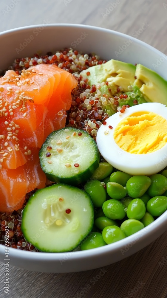 Vibrant poke bowl with quinoa, fresh salmon, creamy avocado, and colorful vegetables ready for a nutritious meal Vibrant poke bowl with quinoa, fresh salmon, creamy avocado, and colorful vegetables ready for a nutritious meal