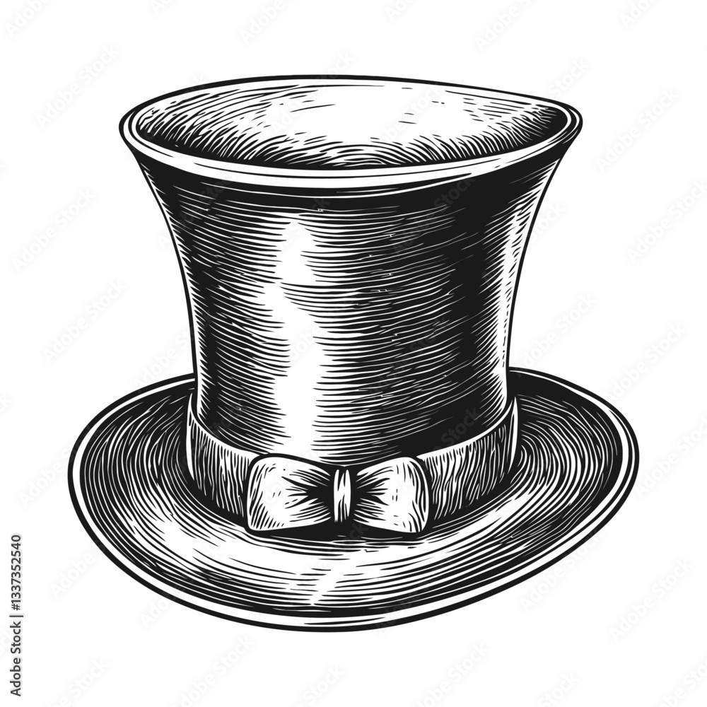 Detailed Engraving of a Classic Top Hat with Ribbon Bow Design