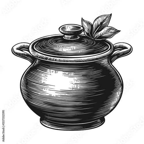 Vintage Clay Pot with Lid and Leaf Engraving Style Illustration