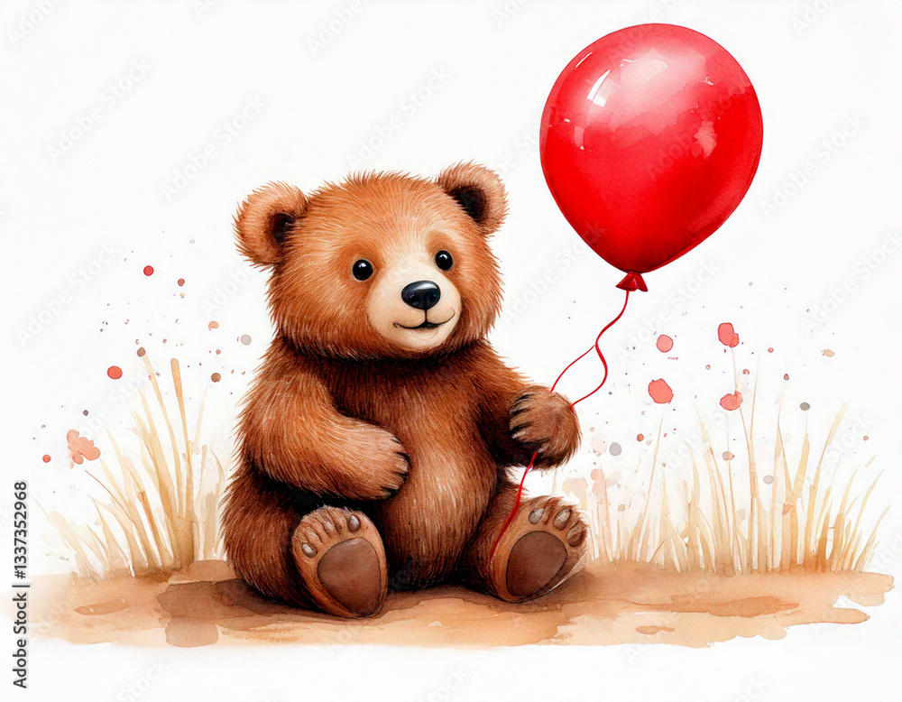 sitting bear with a red balloon