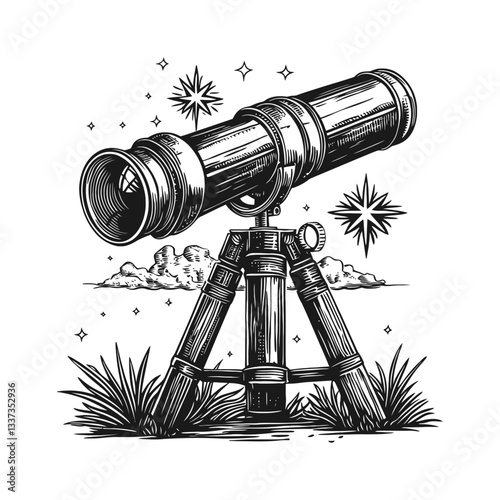 Vintage Engraving of Telescope with Stars and Nature Elements