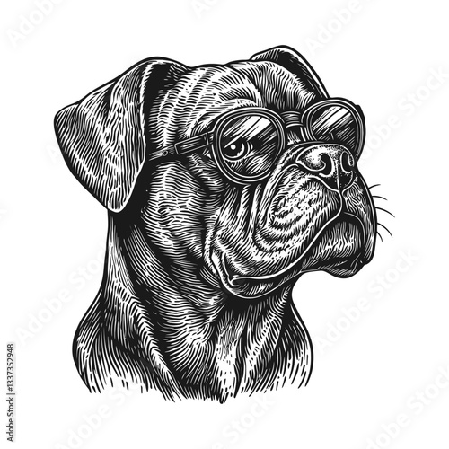 Detailed Engraving of a Dog Wearing Glasses in Black and White Style