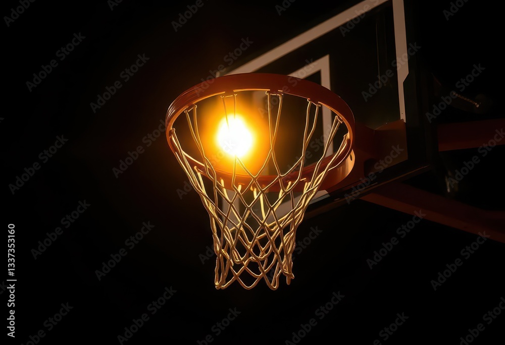 Close-up of a basketball hoop illuminated by a spotlight at night, night, stadium Close-up of a basketball hoop illuminated by a spotlight at night, night, stadium