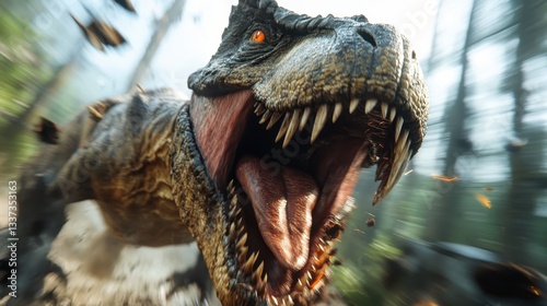 A dynamic image depicting a T-Rex sprinting through a blurred forest backdrop, emphasizing its speed and predatory instincts in a thrilling and dramatic atmosphere.
