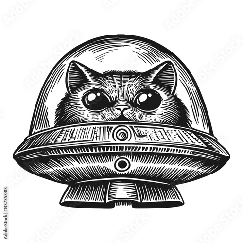 Engraved Illustration of a Cat in a UFO Spaceship Design