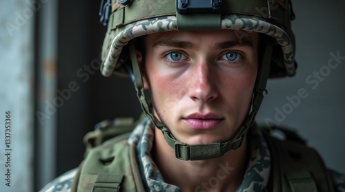 Close-up of a young soldier's face in a helmet, reflecting determination and courage. Concept: Portrait of resilience and willpower amid military service.