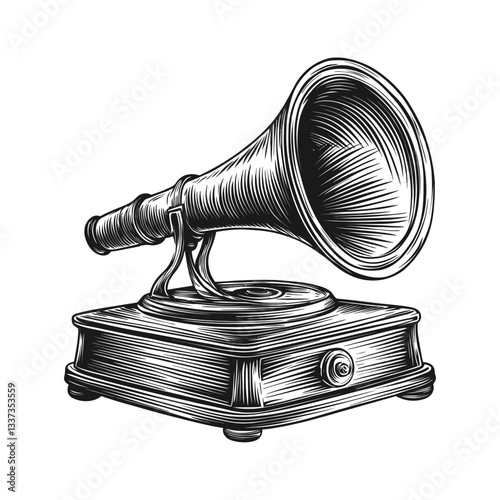 Vintage Engraving of an Antique Gramophone with Horn Speaker