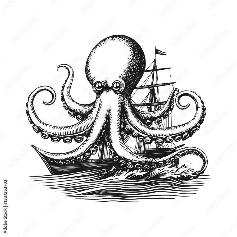Fototapeta premium Vintage Engraving of Octopus Attacking Sailboat in Classic Style