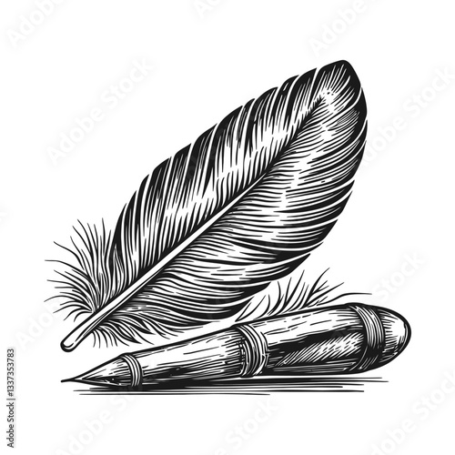 Vintage Engraving of Feather Quill and Ink Pen on White Background